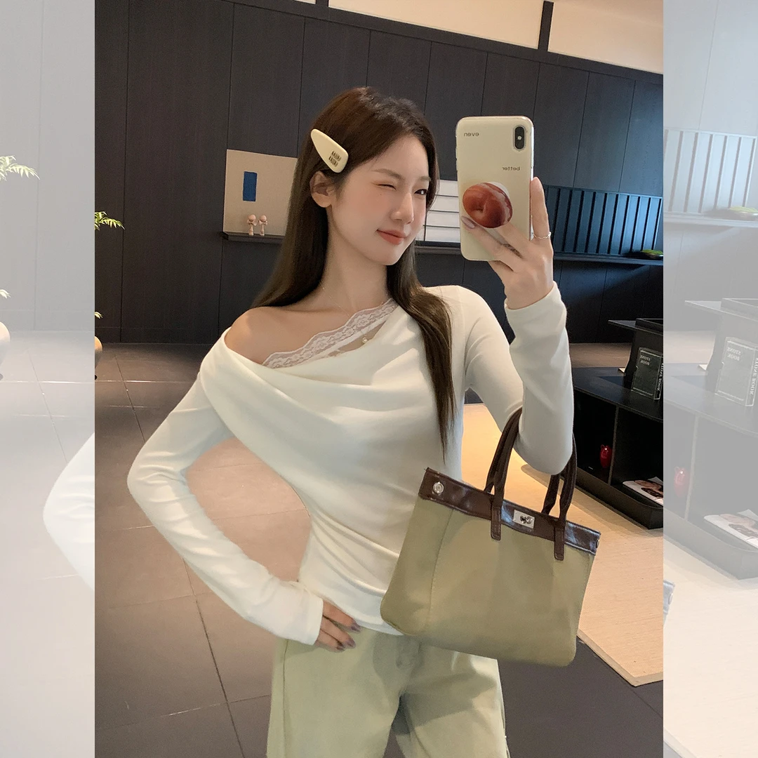 韩系纯色荡领一字领露肩长袖T恤女装2025新款初秋超好看蕾丝上衣