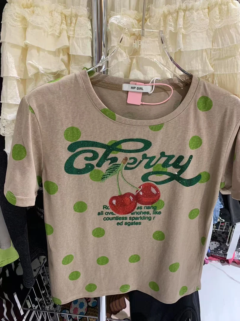 【W1054波点绿色樱桃】短袖t恤女打底半袖休闲夏季2025款重工爆款
