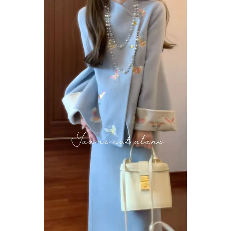 【紫葡萄】新中式国风刺绣外套毛呢大衣双面穿开衫配显瘦半身裙套装