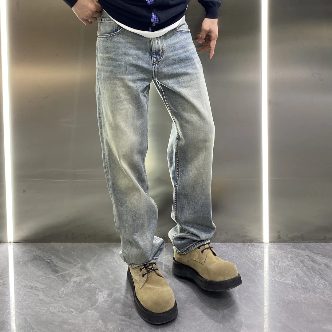 春夏美式中直筒微宽松纯棉浅蓝色简约牛仔裤痞帅百搭男士牛仔长裤