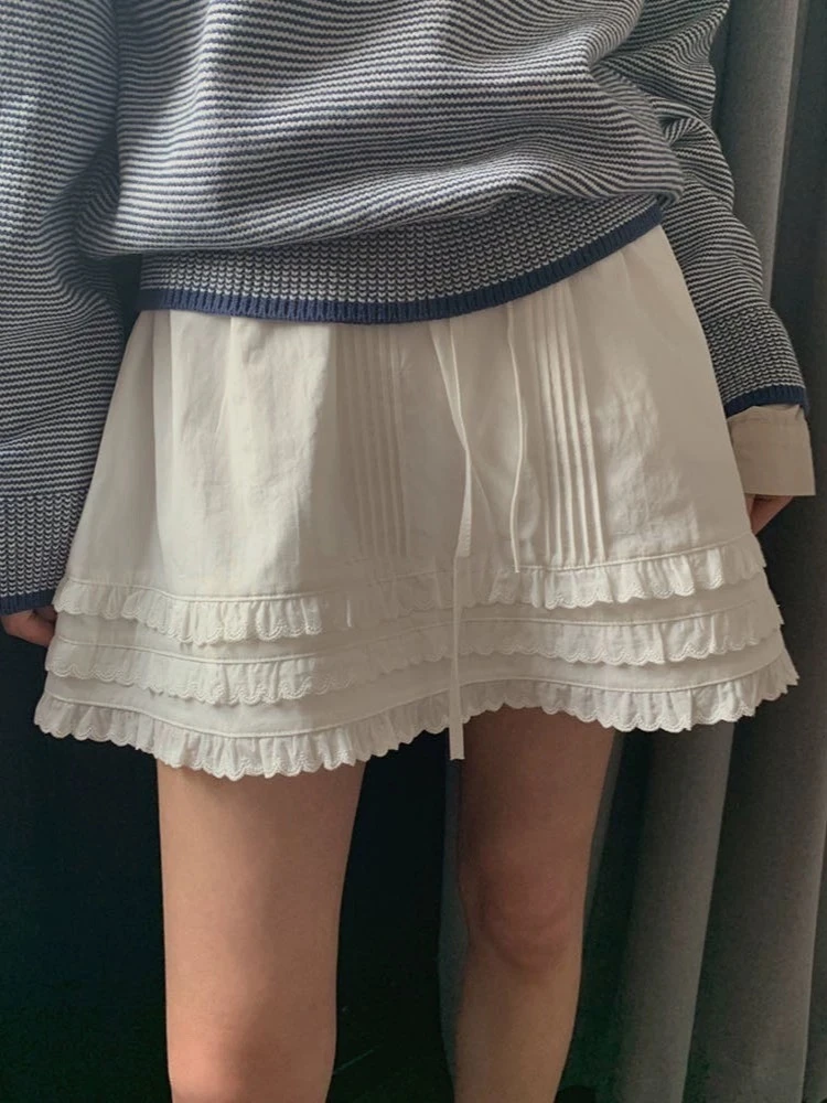 韩档uk家 3182  新款韩国东大门纯色褶皱花边半身裙蛋糕裙短裙