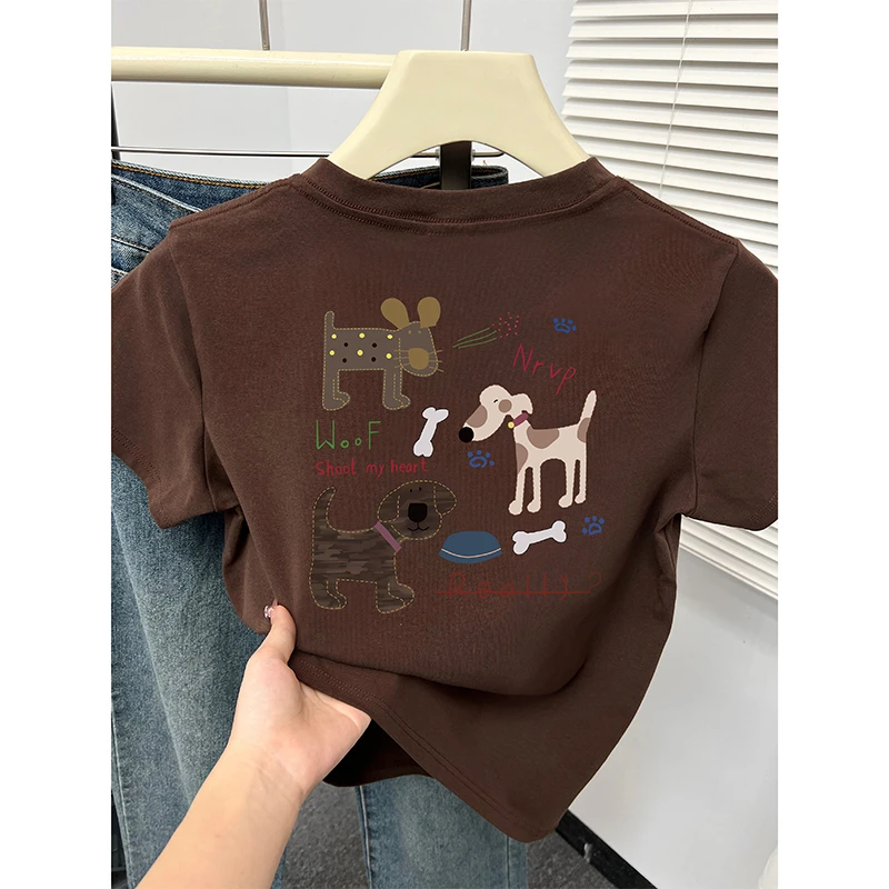 2025新款正肩短袖t恤女百搭圆领减龄洋气印花显瘦半袖上衣打底衫