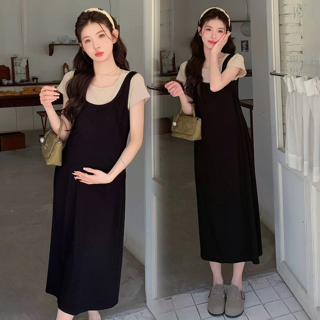 孕妈穿搭韩系撞色假两件孕妇连衣裙2025夏季新款宽松通勤长裙子