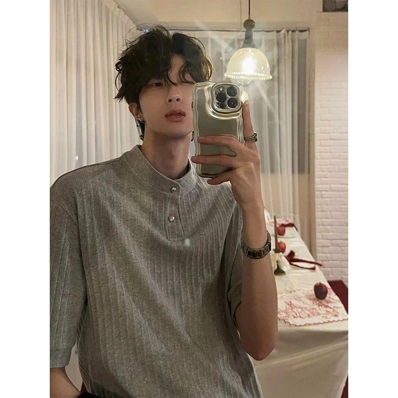 cleanfit亨利领短袖t恤男夏美式复古潮牌重磅潮流半袖宽松五分袖