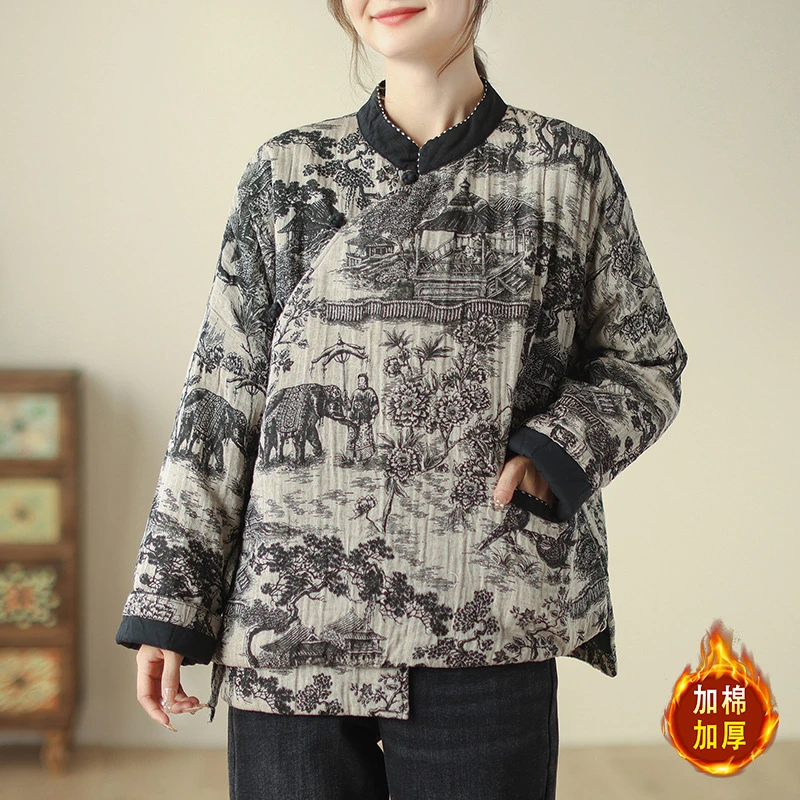 新中式女士加厚棉服水墨画印花棉衣冬季新款文艺40-50国风女棉袄