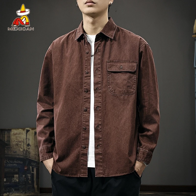 Mexican/稻草人秋季潮牌长袖衬衫男士日系复古宽松高级感纯棉外套