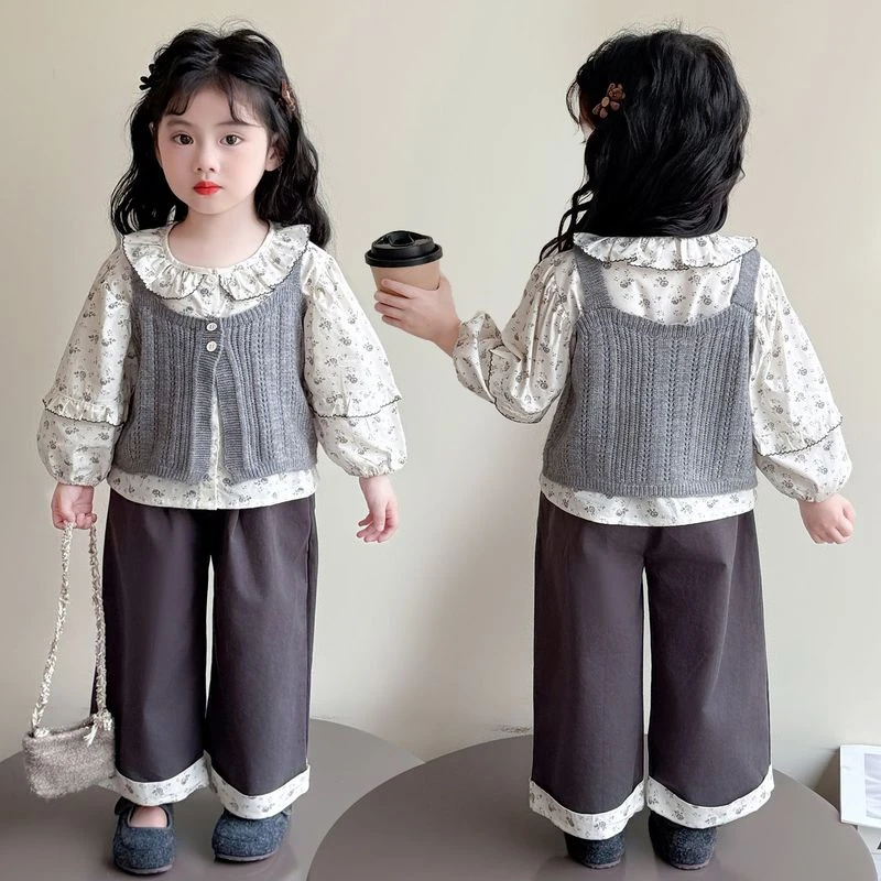 女童秋装套装网红2025新款洋气儿童毛线马甲女宝宝时髦韩版三件套