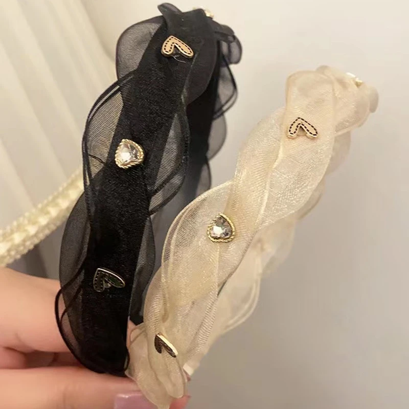 韩国新款网纱编织麻花发箍带齿防滑刘海爱心水钻头箍轻奢甜美发饰