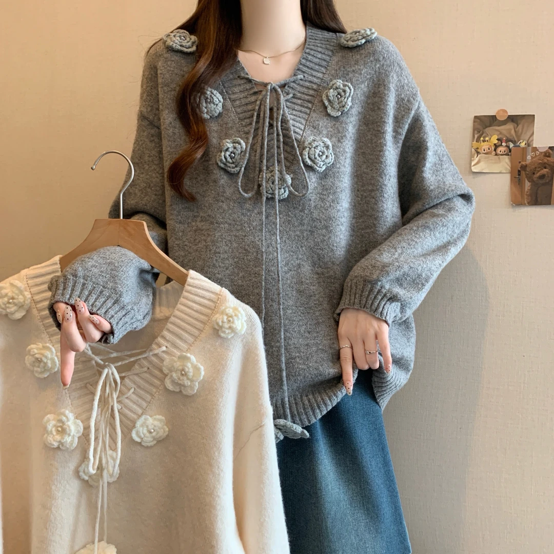 大码胖mm松弛感灰色花朵毛衣上衣女装秋冬新款宽松套头长袖针织衫