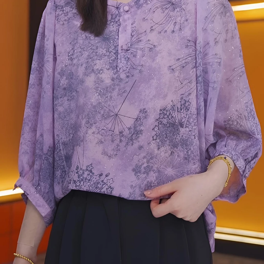 2025夏季新款气质宽松复古上衣小衫时尚显瘦立领衬衫印花紫气东来