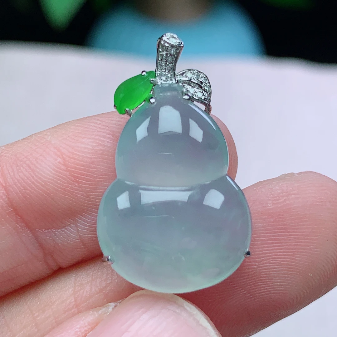 l缅甸天然翡翠A货26-15.5-7玉石18k金镶嵌老坑冰种白冰葫芦吊坠
