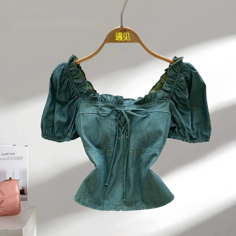 法式洋气辣妹风方领泡泡袖气质牛仔衬衫女木耳边绑带短款露脐炸街
