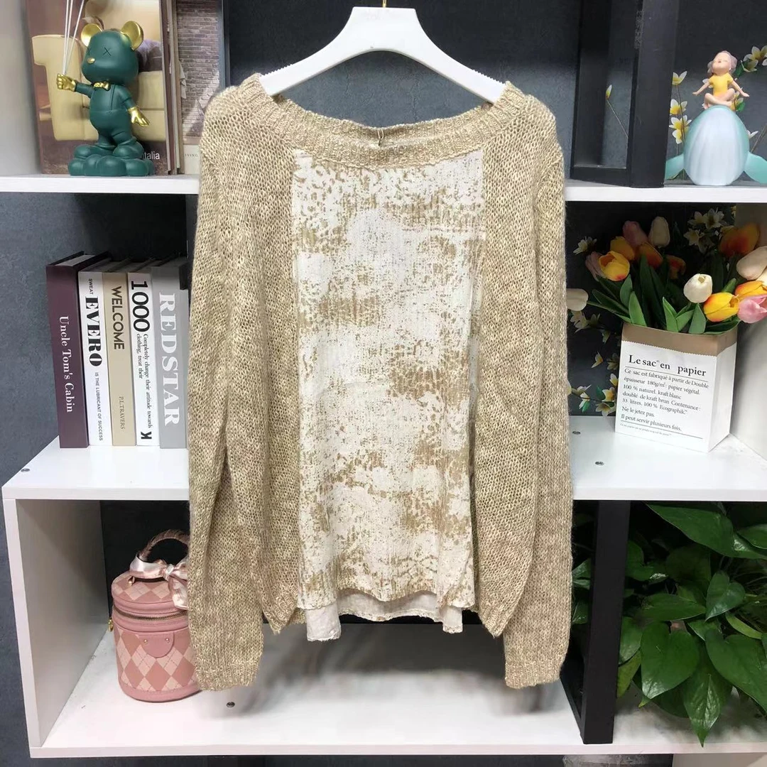 G1466【新款】时尚卡其色圆领拼色印花休闲毛衣