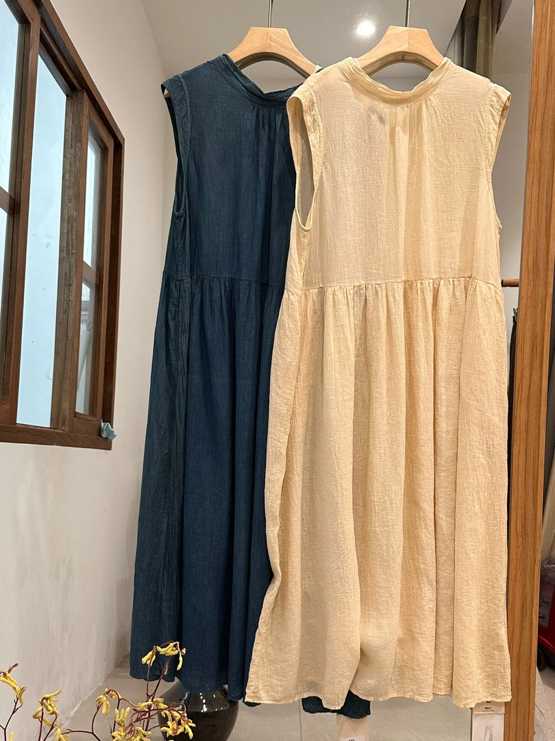 无袖背心裙褶皱苎麻连衣裙女装文艺森系工装风