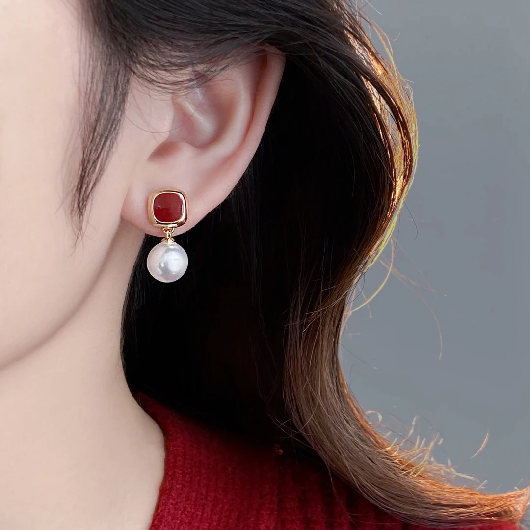 铜合金仿珍珠耳饰 925银针新款红色轻奢珍珠耳环女高级感时尚耳钉