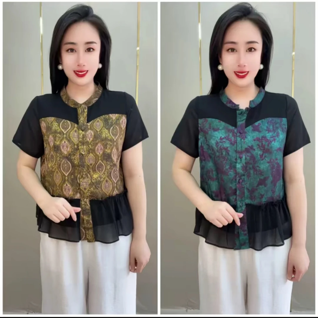 夏季中老年妈妈气质修身印花休闲时尚洋气小衫