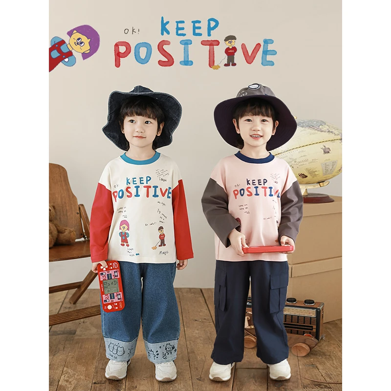 幼悠男童春装新款撞色涂鸦T恤时尚百搭儿童长袖服装宝宝衣服N5953