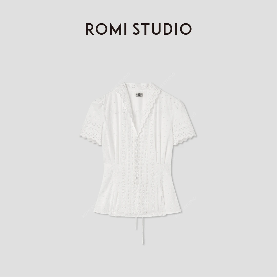 ROMI STUDIO“法式复古”绣花镂空纯棉收腰翻领短袖衬衫 RWCSSL4447