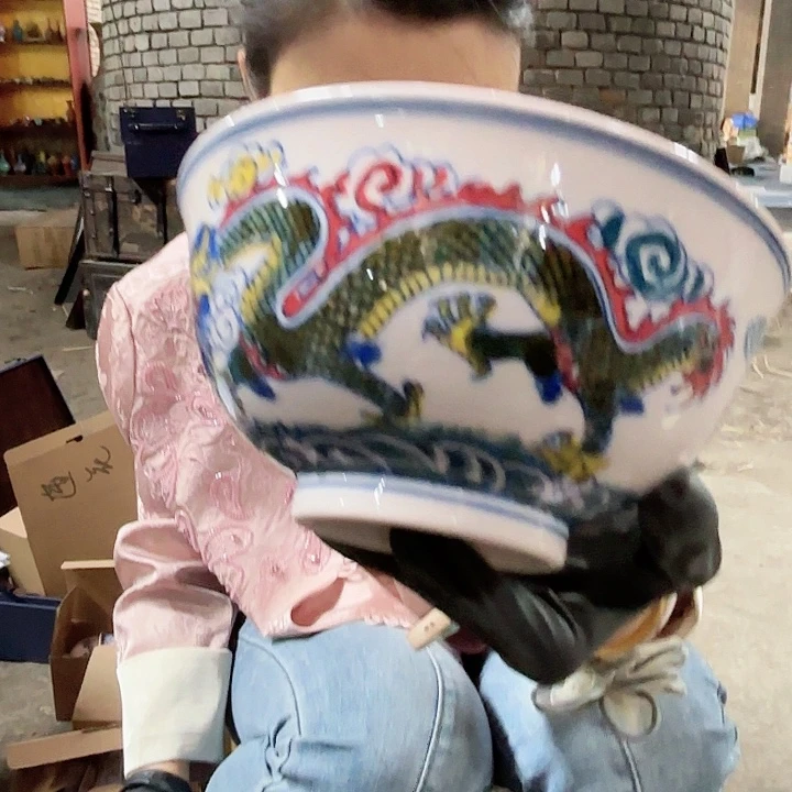 摆件景德镇高温陶瓷6寸龙纹红希希碗