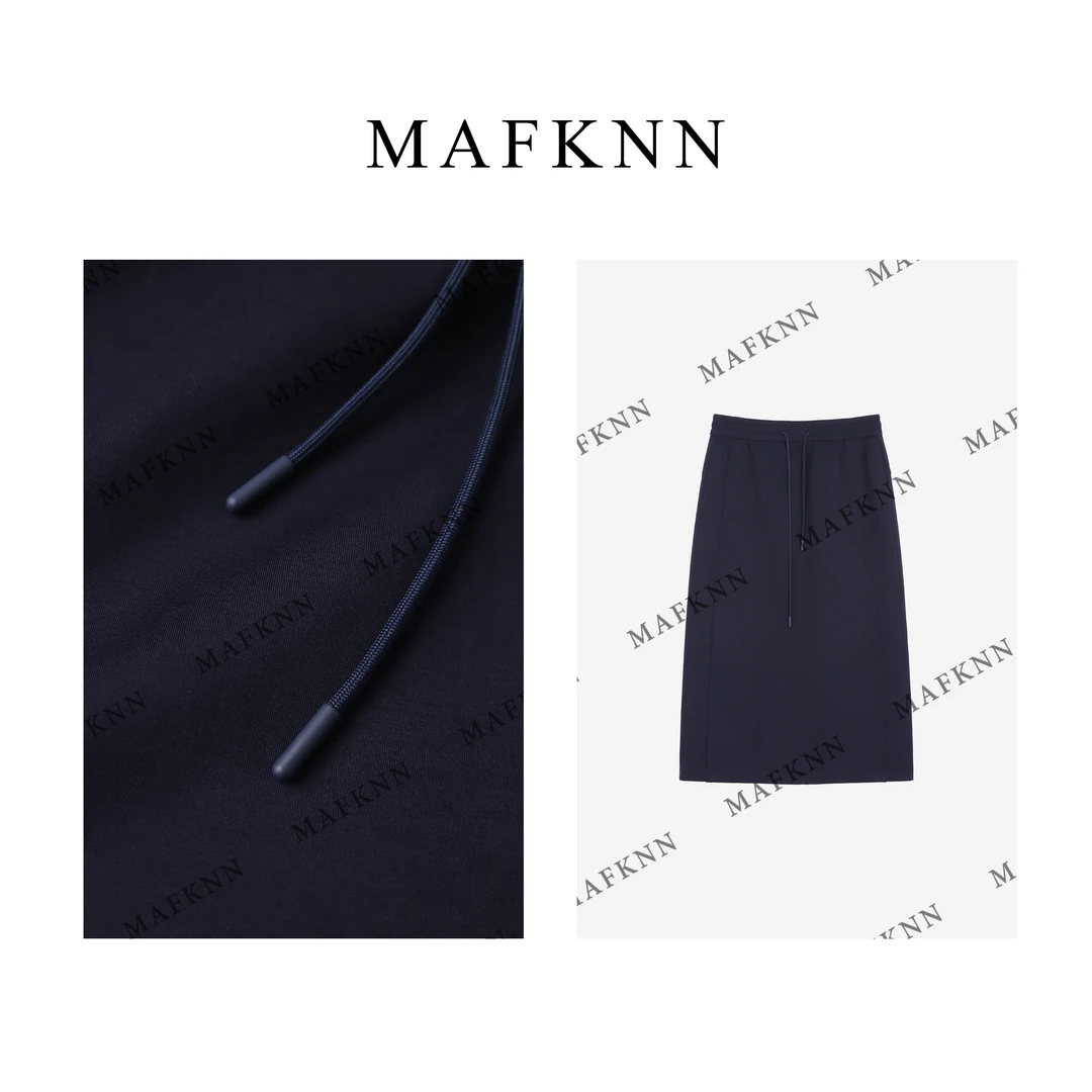 MAFKNN/玛肯时尚休闲简约纯色百搭松紧腰系带半身裙MK11708