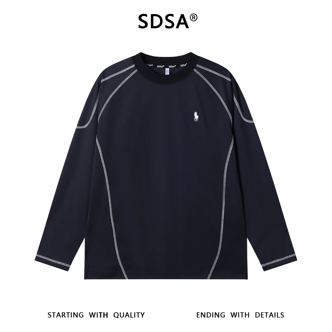SDSA男士秋冬新款痞帅男装舒适撞色明线刺绣标圆领长袖T恤百搭潮