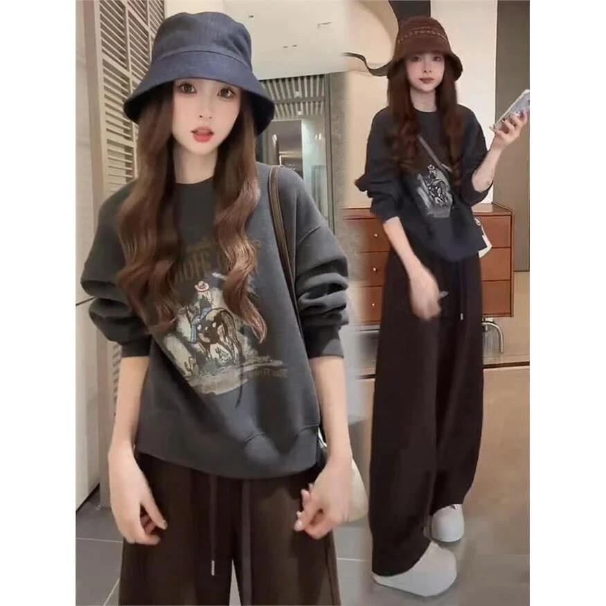 春秋搭配一整套女美式复古字母印花长袖上衣宽松显瘦休闲裤两件套