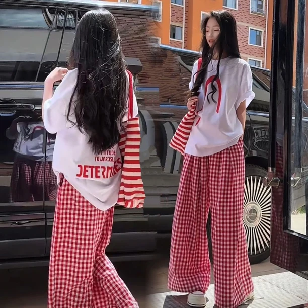 夏季透气高腰百搭阔腿裤休闲裤运动韩版时尚棋盘格洋气格子裤