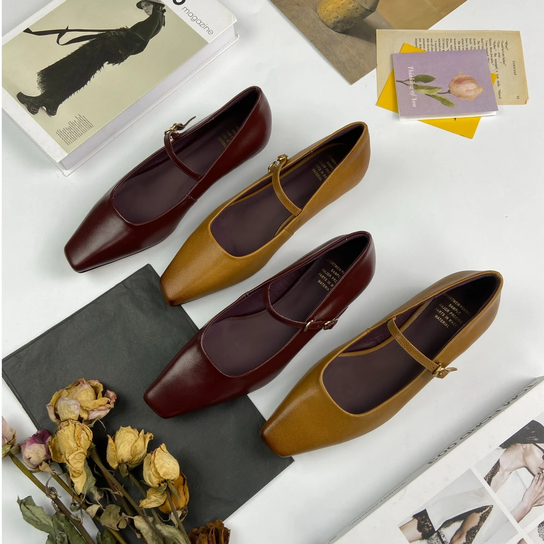 2025新款法式复古真皮单鞋方头玛丽珍鞋女极简风小皮鞋方头小坡跟