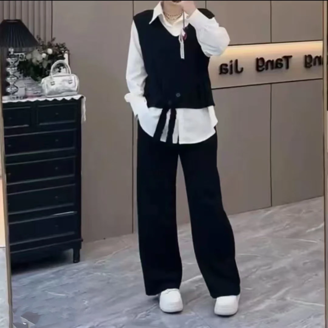 1781-2025年春季新款洋气减龄显瘦米色衬衫+马甲+阔腿裤三件套