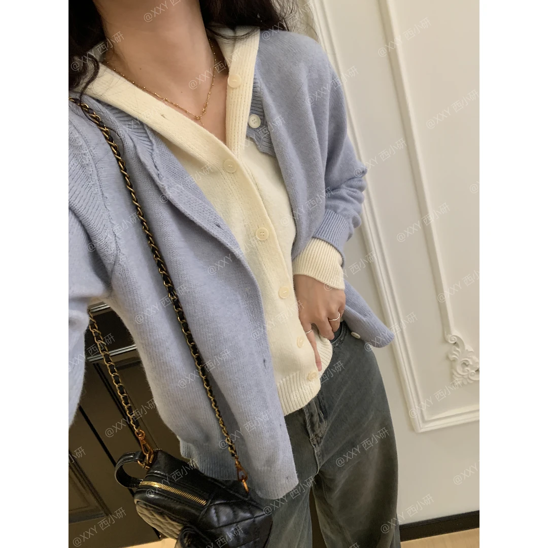 【连帽假两件】开春款 时尚休闲百搭宽松 假两件针织衫雾霾蓝毛衣