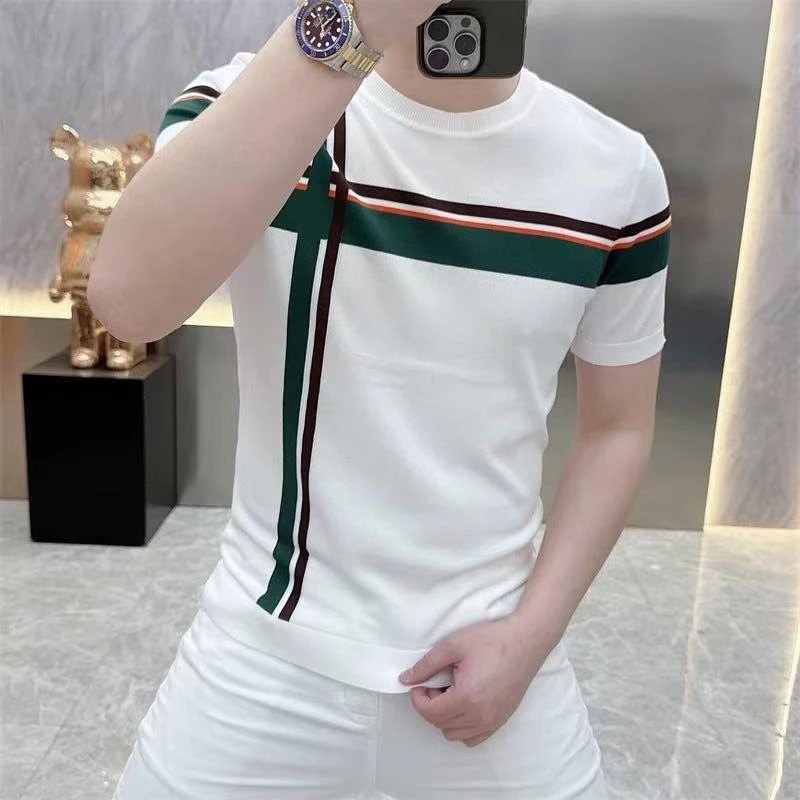 2025夏季新款休闲时尚潮流条纹韩版修身高品质冰丝伊力特针织短袖