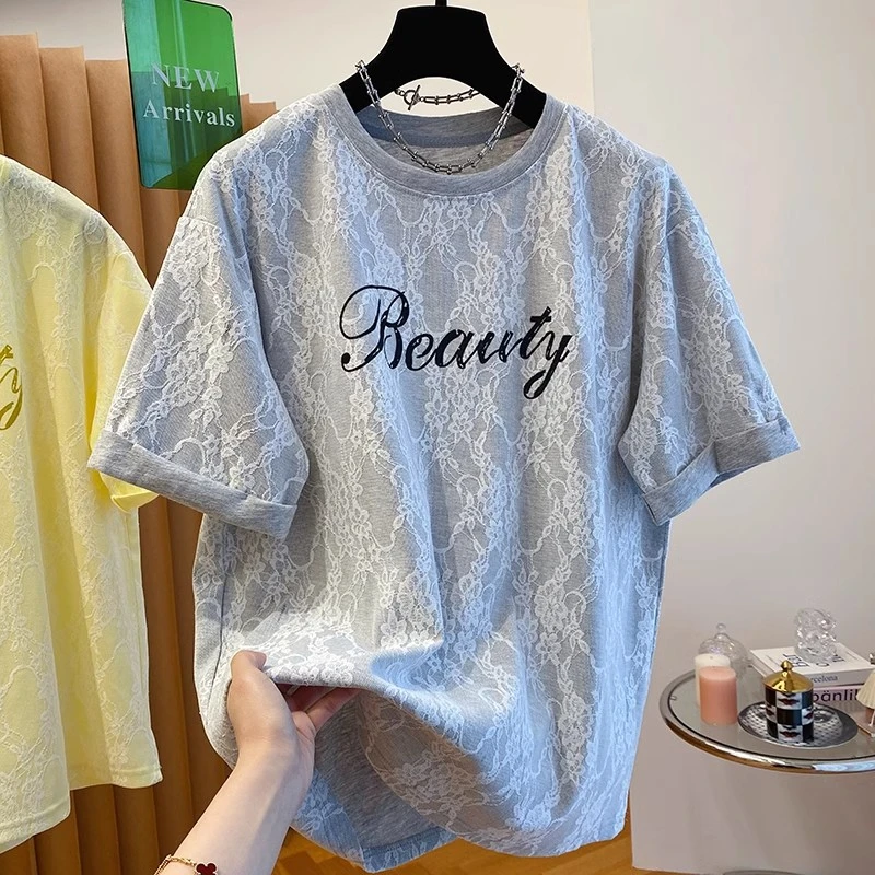 夏季新款蕾丝t恤女装显瘦好看绝美字母宽松休闲洋气圆领上衣大码