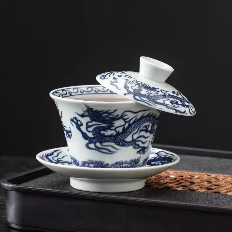 白瓷[腾龙]青花-三才盖碗茶具F0063