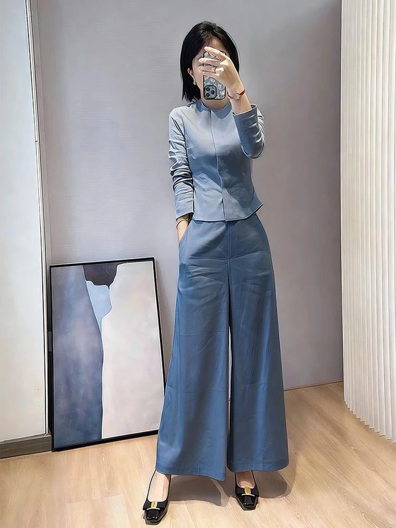 姐系贵感套装早秋巨好看高级小香风气质掐腰蓝色衬衫阔腿裤两件套