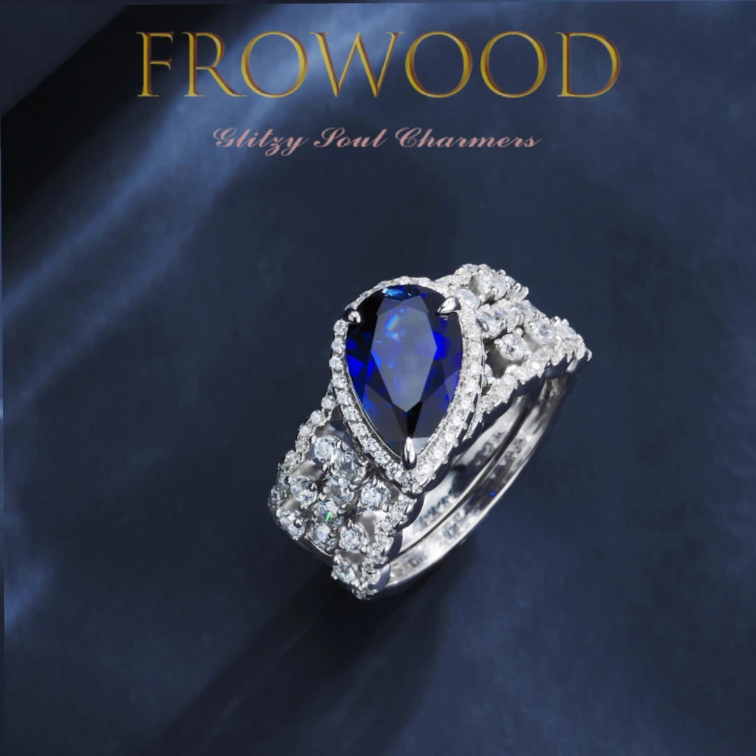 培育蓝宝石925银叠套款戒指2.78克拉宽版满镶奢华#6005