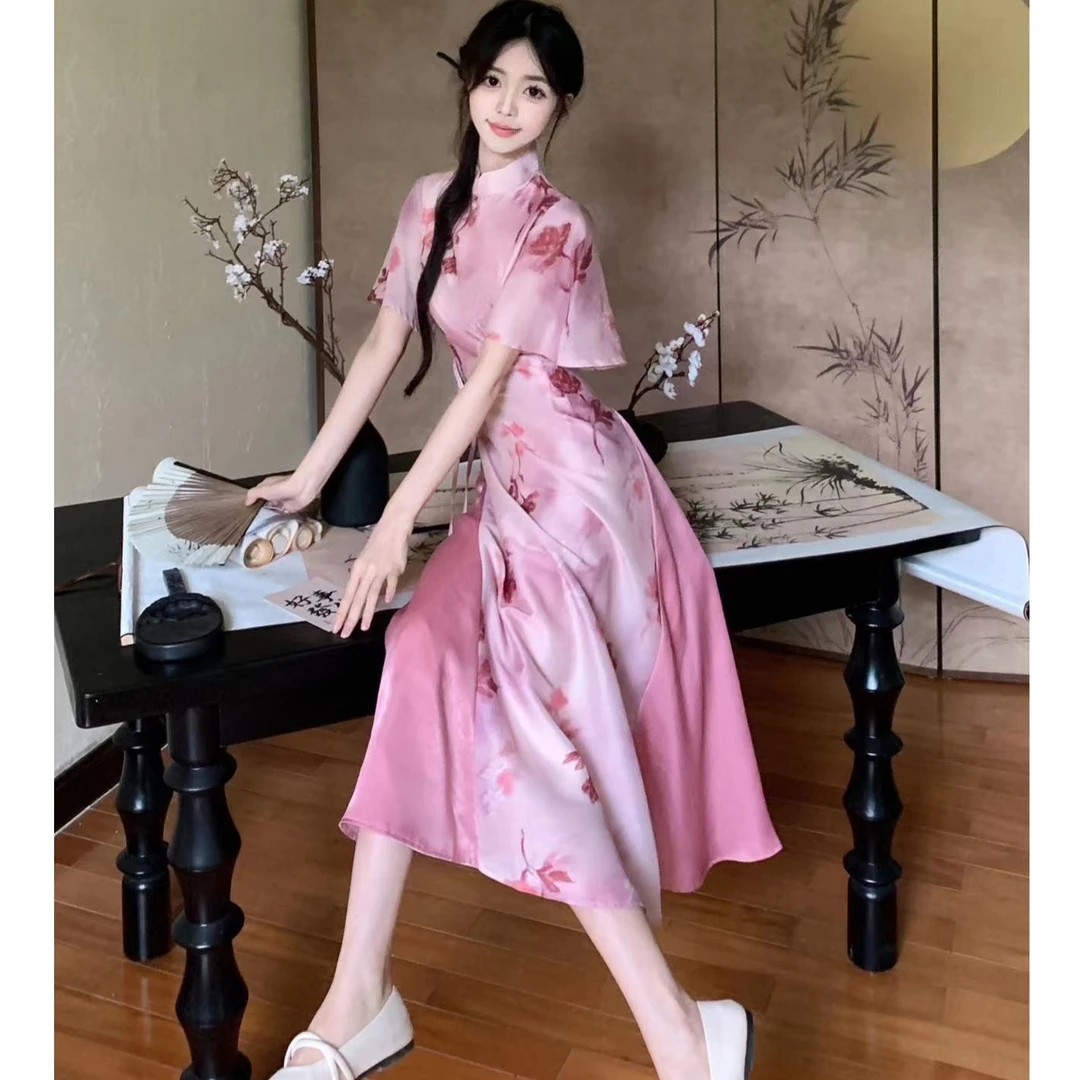 【C27】2025夏季新中式穿搭温柔绝美少女感印花国风复古显瘦连衣裙