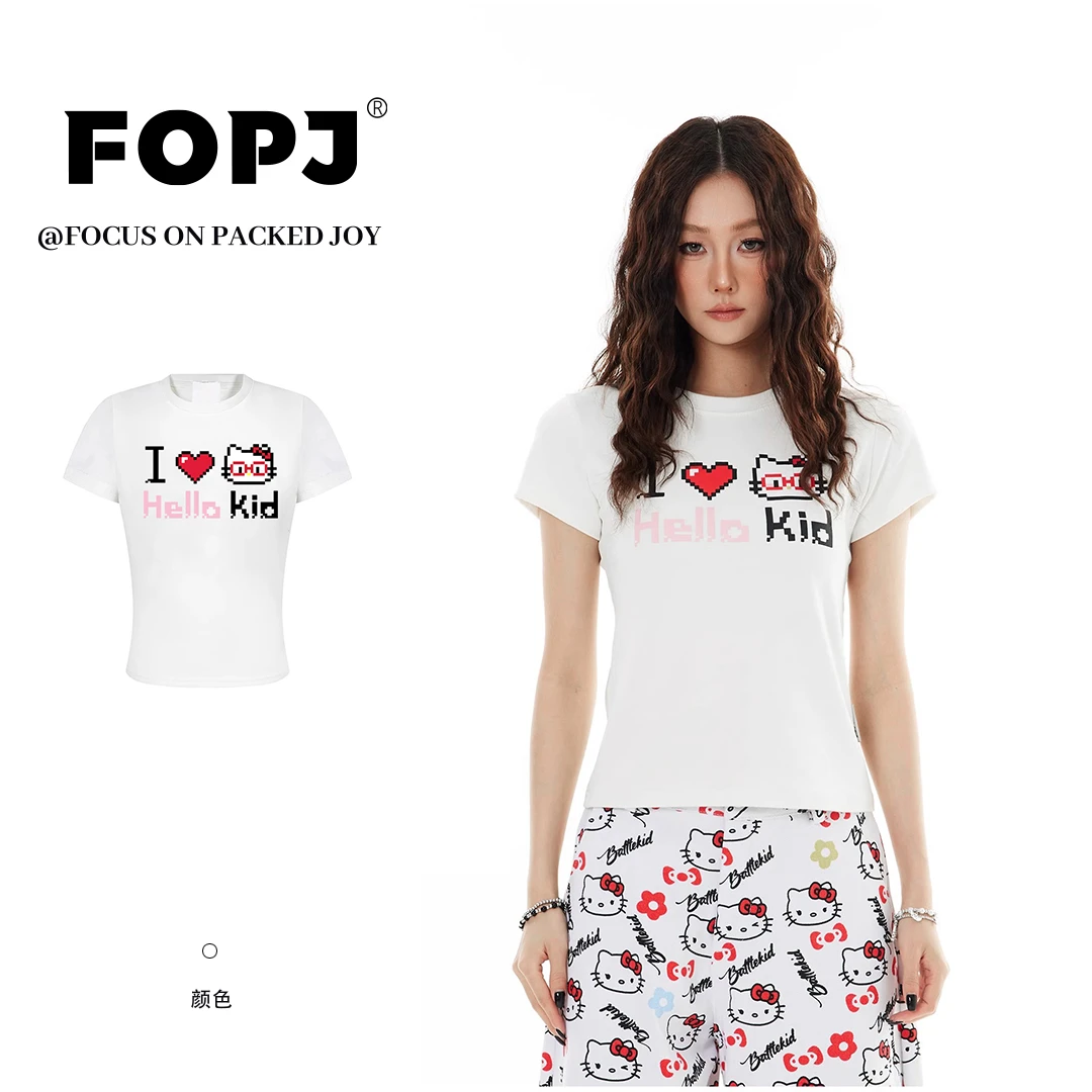 FOPJ夏季新款时尚短袖t恤女修身显瘦kitty印花休闲百搭辣妹上衣潮
