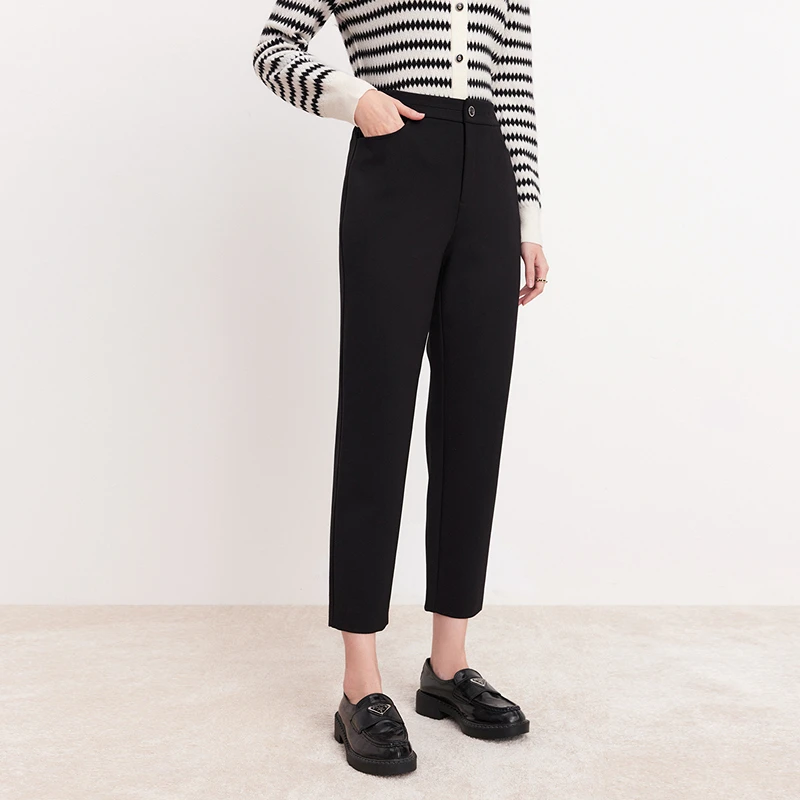 【晨粉专享价】显瘦直筒休闲裤时尚简约黑色九分裤子女士KV04203W0