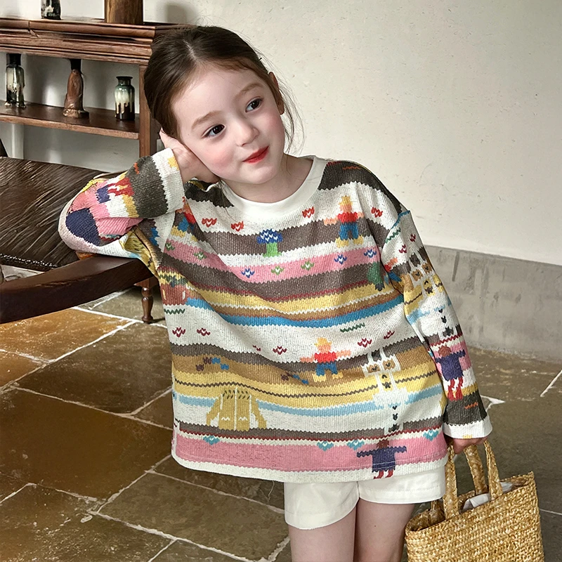 栀了成长记女童装趣味涂鸦宽松韩版百搭针织T恤款短裤宝条纹上衣