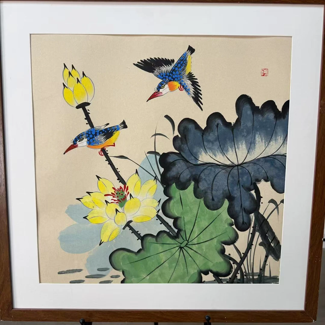 温叶强《荷花墨鸟》手绘宣纸