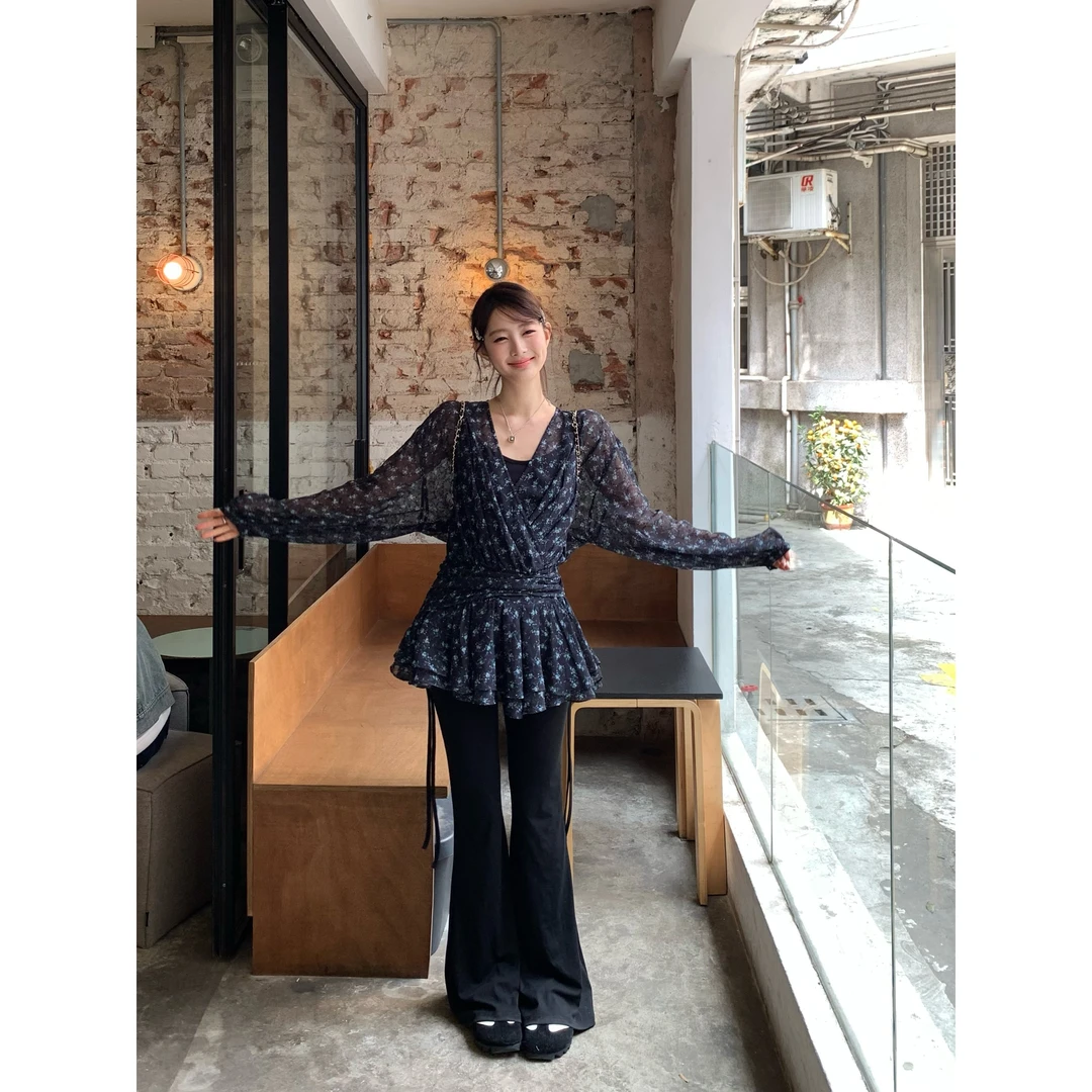 现货【谢不肉】假两件两侧抽绳微喇高腰显瘦休闲百搭长裤5506