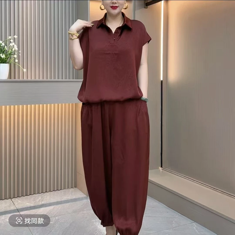 夏季阔腿休闲大码短袖套装百搭显瘦气质洋气纯色宽松减龄套装夏装