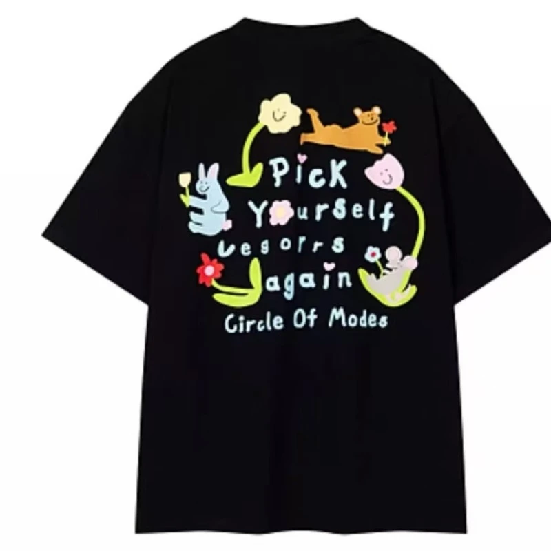 2025新款美式复古趣味卡通印花短袖t恤男夏季oversize小众百搭潮