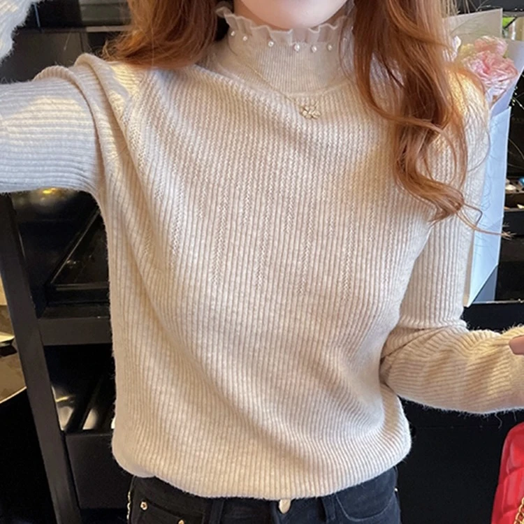 E7294设计感小香风花边拼接珍珠半高领卡其色长袖内搭上衣