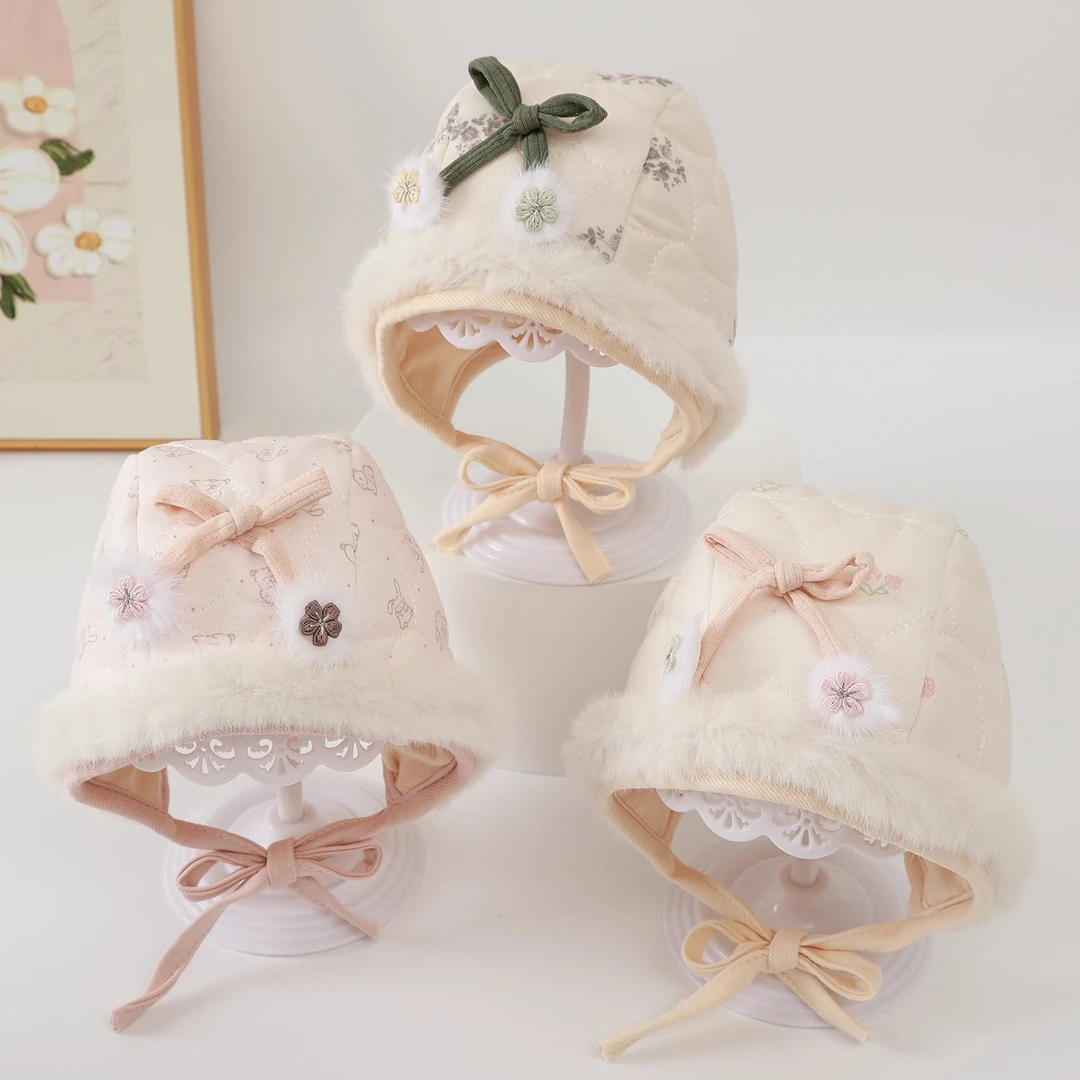 婴儿帽子秋冬女宝宝甜美夹棉厚款护耳帽小月龄国风复古新款包头帽