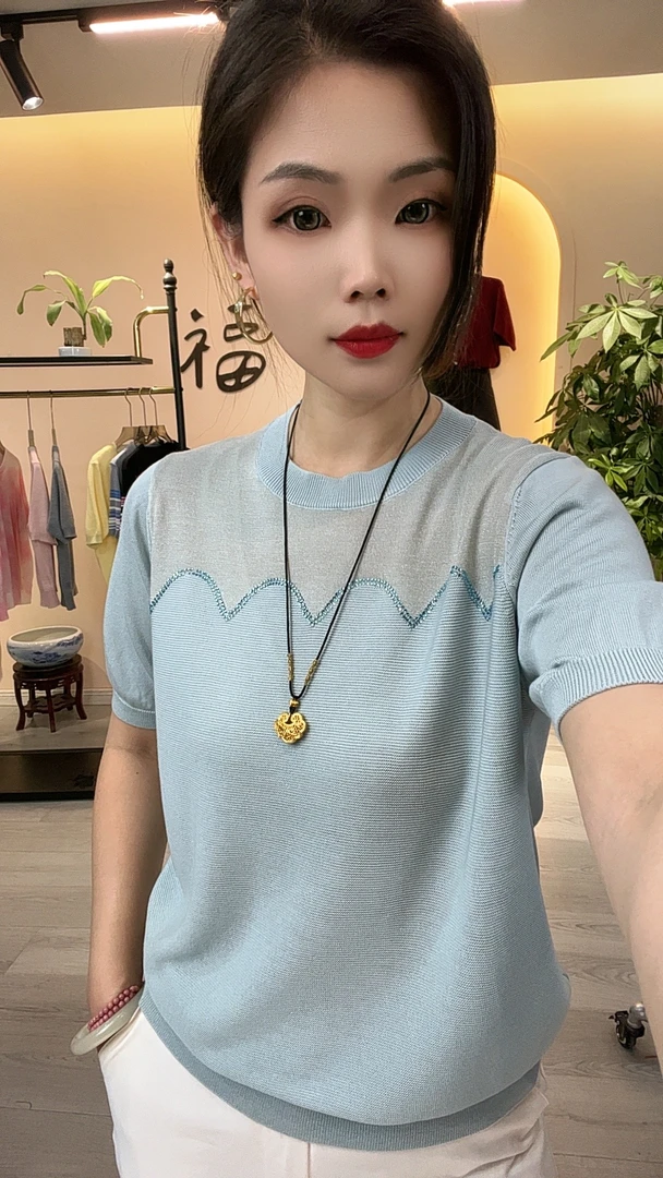 100%天丝重工肌理感烫钻高级感宽松短袖