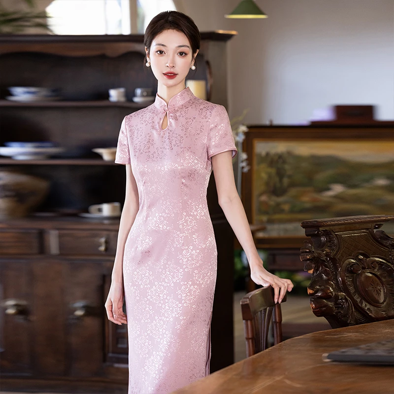 中式新款夏季改良女旗袍纯色妈妈装小个子水滴领短袖喜婆婆敬酒服