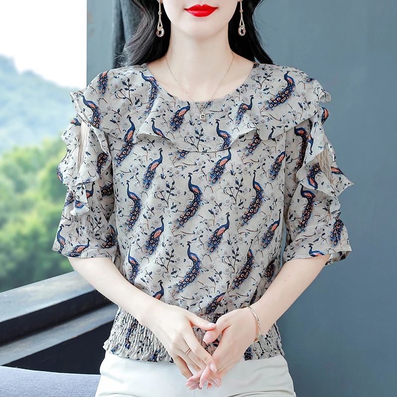 时尚印花雪纺衫女短袖夏季2025年新款遮肚子收腰上衣洋气短款小衫