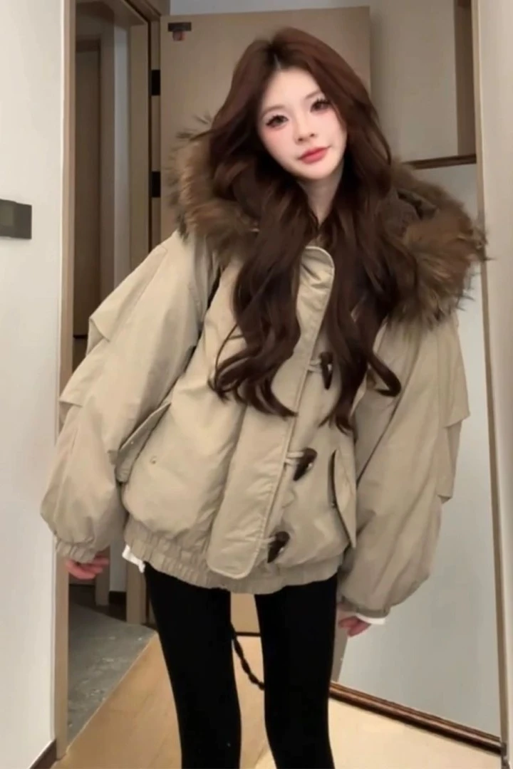 新款2025大毛领棉衣连帽加厚美式牛角扣网红棉服女冬季保暖外套潮