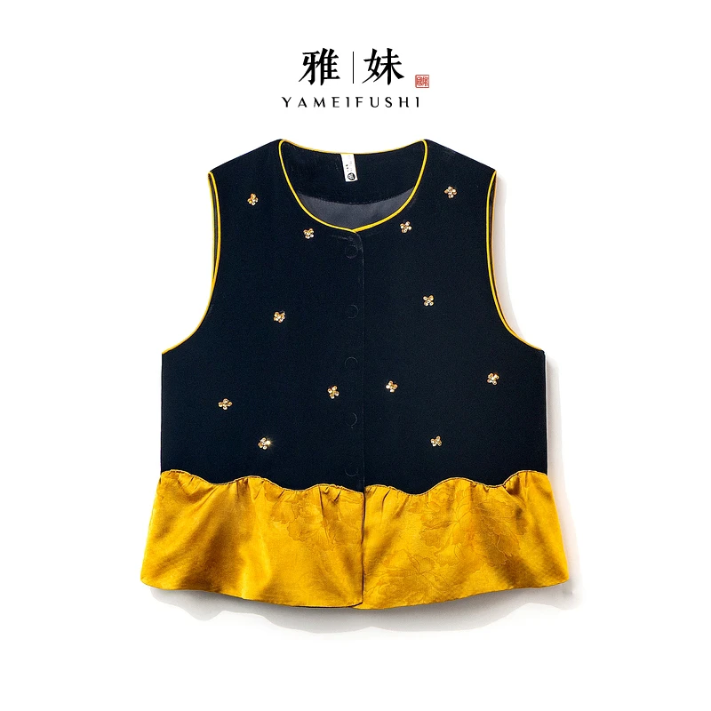 【秋辰】2025新款马甲女新中式宽松圆领拼色绣花高级感丝绒上衣马夹